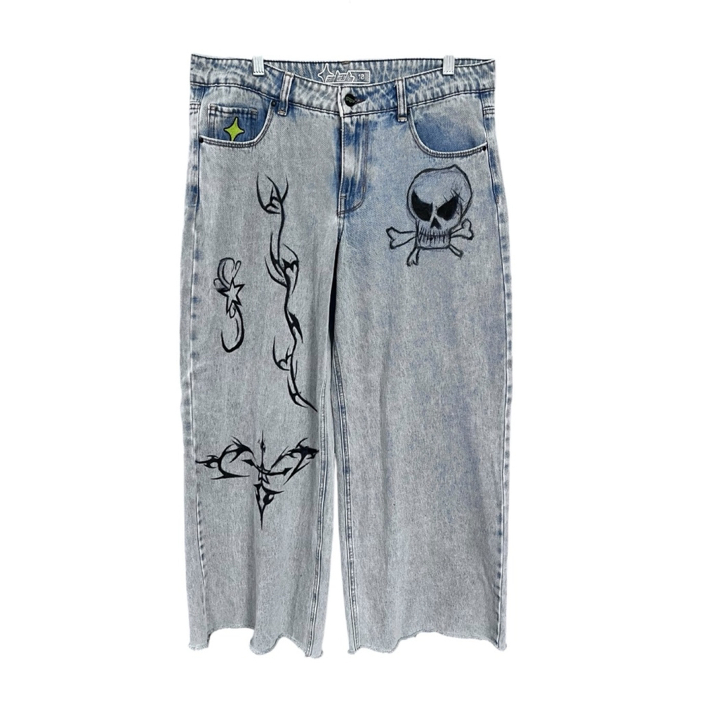 ALAB Skull Rave Jeans Ultra Wide Leg Embroidered Denim Pants Size 10 Y2K Blue